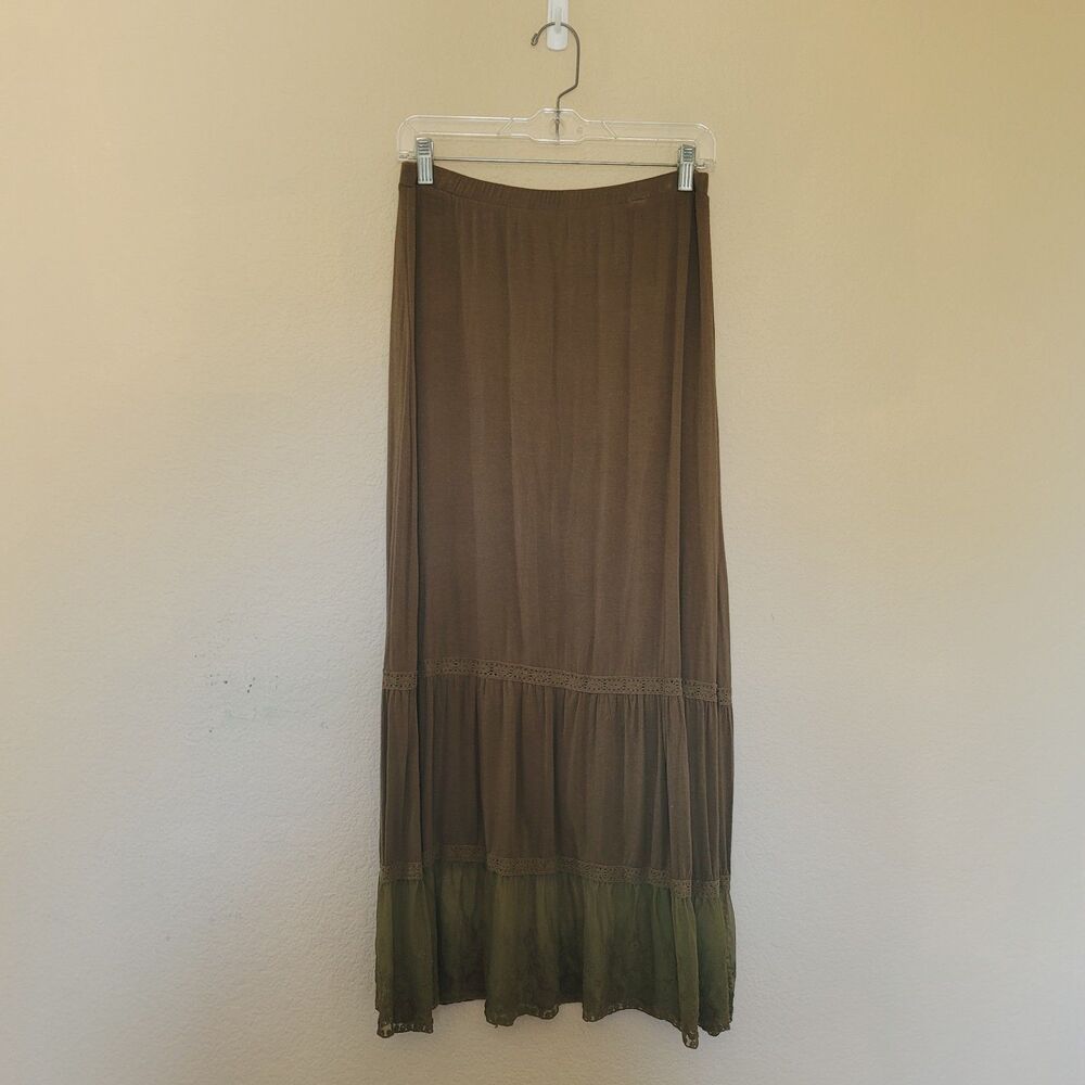 LAPIS Fairy Grunge Tiered Maxi Skirt Sz M Olive Green Lace Boho Witchy Coquette